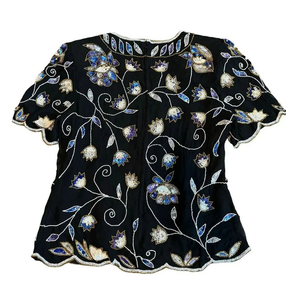 Vintage 80s Stenay Womens Blouse Top Size XL Black 100% Silk Beaded Floral Zip - Picture 4 of 10